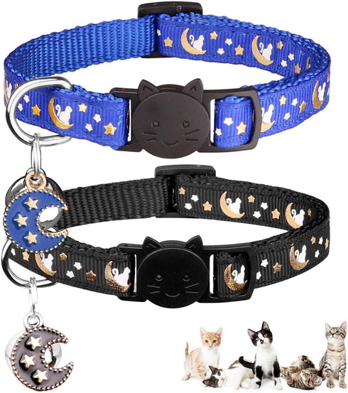 2Pcs Breakaway Cat Collars for Boy Cats, Adjustable Moons Collars with Bell & Pendant Glow in The Dark (Black+Blue)