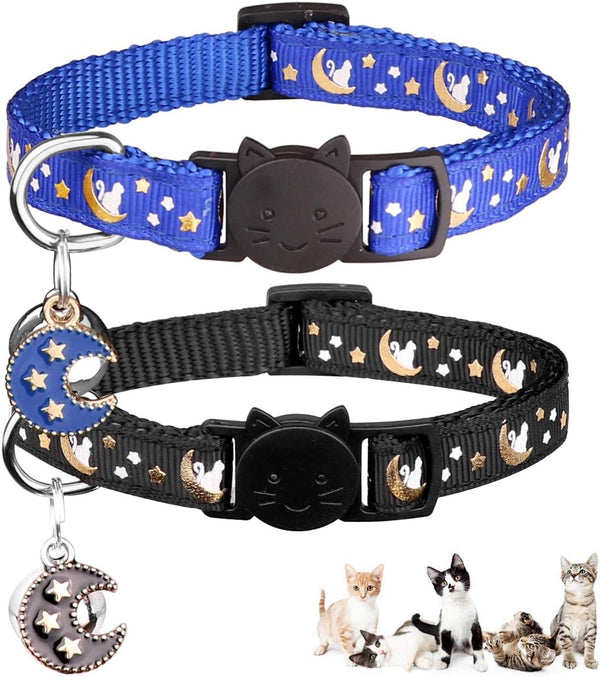 2Pcs Breakaway Cat Collars for Boy Cats, Adjustable Moons Collars with Bell & Pendant Glow in The Dark (Black+Blue)