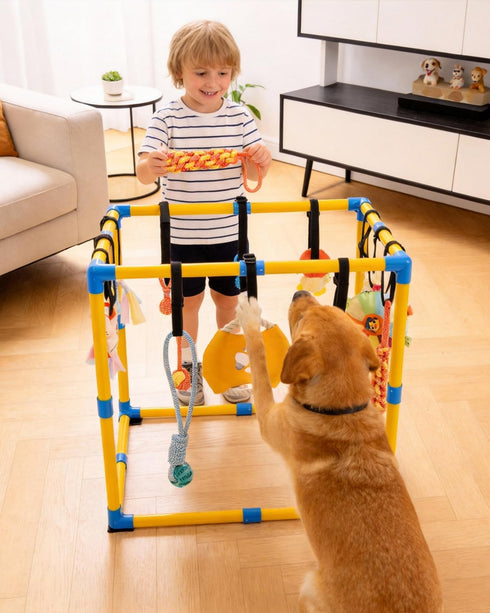 Grevigily 23.6"x 23.6" 12 Puppy Play Gym for Small Dogs, Large Indoor Dog Jungle Gym with Hanging Toys& Non-Slip Pads