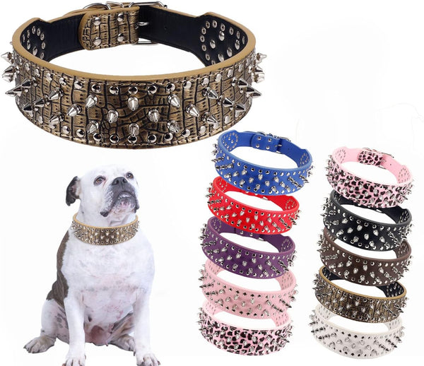 Hoot PU Leather Adjustable Spiked Studded Dog Collar, 2" Wide, 31 Spikes (S, Neck 17"-20", Golden)