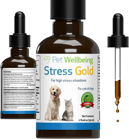 Pet Wellbeing Stress Gold for Cats - Supports Relaxation, Travel, Vet Trips, 2 oz (59 ml) Herbal Supplement