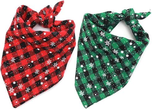 Malier 2 Pack Dog Bandana Christmas Classic Plaid Snowflake Scarf Set for Small Medium Large Dogs (Green + Red)