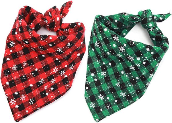 Malier 2 Pack Dog Bandana Christmas Classic Plaid Snowflake Pet Scarf Set for Small Medium Large Dogs Cats (Green + Red)