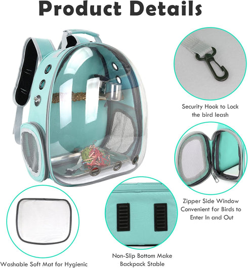 Bird Carrier Backpack Travel Cage with Perch, Clear Parrot Cockatiel Cage with Toy & Food Bowl for Small Pets