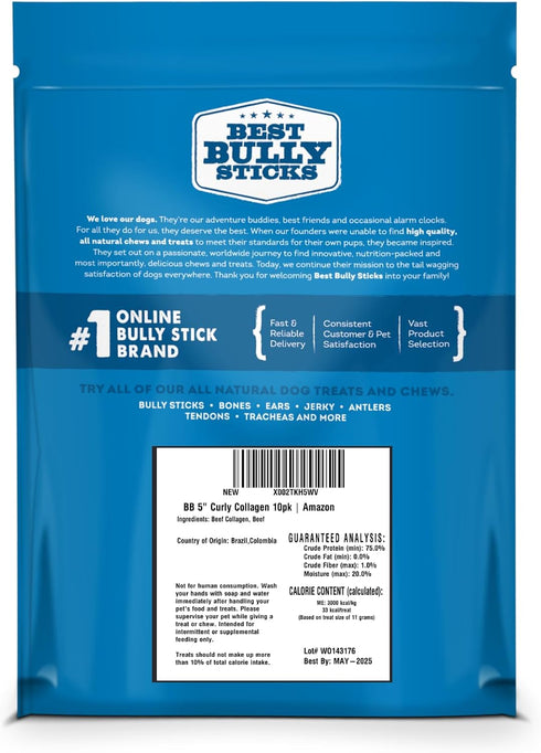 5 Inch 10 Count (Pack 1) Packed, Best Bully Sticks Curly Beef Collagen Sticks - of - Natural, USA Baked and Easily