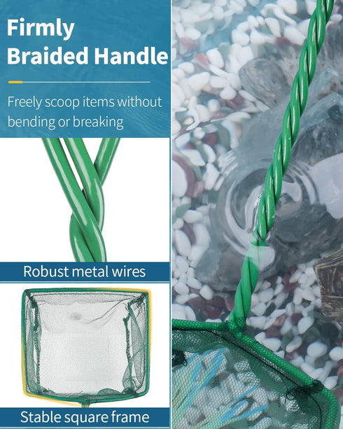 Pawfly Aquarium Fish Net with Braided Metal Handle, Square Net with Soft Fine Mesh for Cleaning Fish Tanks