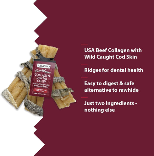 Icelandic+ Beef Collagen Dental Chew Stick Wrapped with Fish 4" Dog Treat