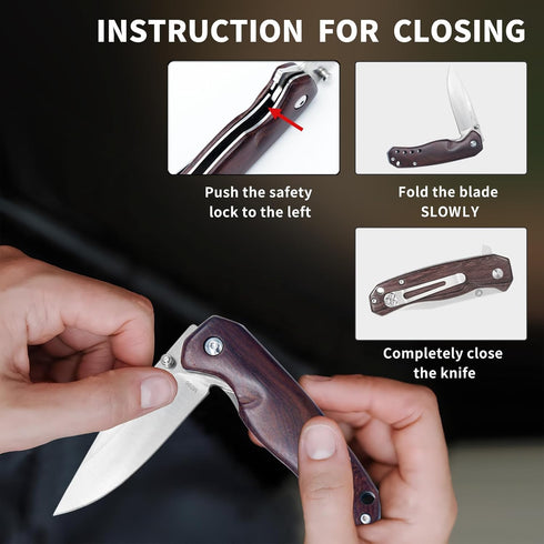 Wood Handle Pocket Knife, 2.9in 8Cr13MoV Stainless Steel Blade, EDC Knife for Hunting, Camping, Hiking, 6.5in