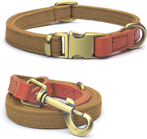 QRDA Dog Collar and Leash Set - Khaki Adjustable Durable Nylon Collars with Tactical Leash for Small/Medium Dogs