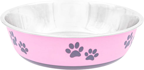 Fuzzy Puppy Food Bowl & Water Bowl, Designer Series, Paw Print Detail, Stainless Steel & Pink, 52 oz