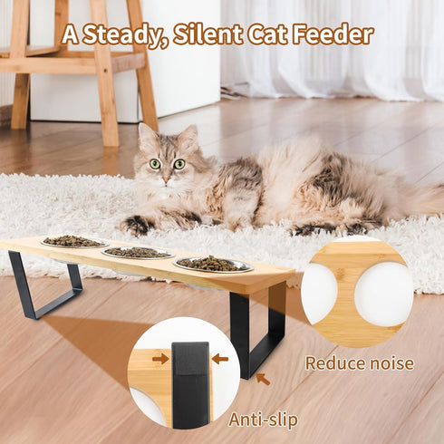 Elevated Cat Bowls, 15° Tilted Stainless Steel Cat Bowls for Indoor Cats, Anti Vomit Bamboo Stand with 3 Feeder Bowls