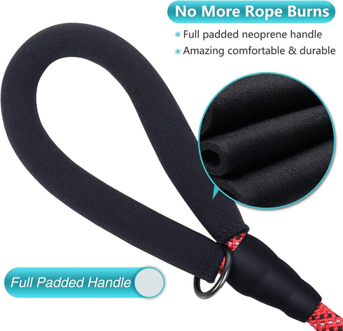 VIVAGLORY Strong Rope Dog Leash, 3ft Durable Short Leash with Soft Neoprene Padded Handle for Small Medium Dogs, Red
