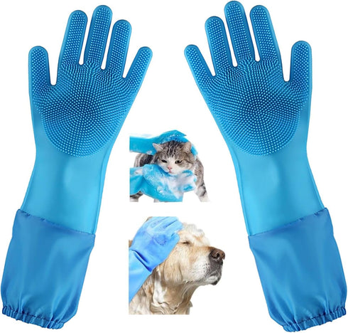 Dog Washing Gloves, Silicone Heat Resistant Pet Grooming Gloves with Soft Brushes for Bathing and Massaging (Blue)