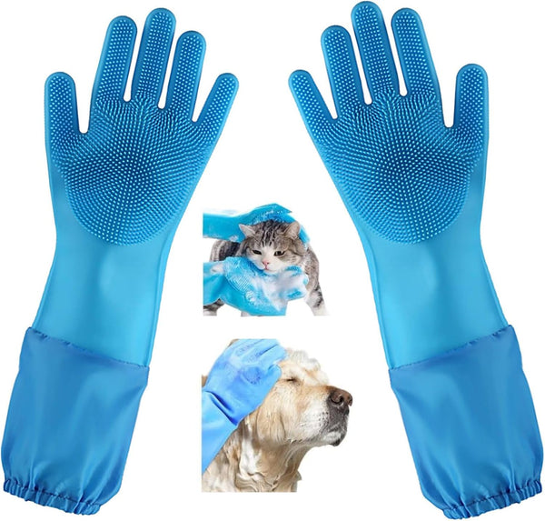 Dog Washing Gloves, Silicone Heat Resistant Pet Grooming Gloves with Soft Brushes for Bathing and Massaging (Blue)