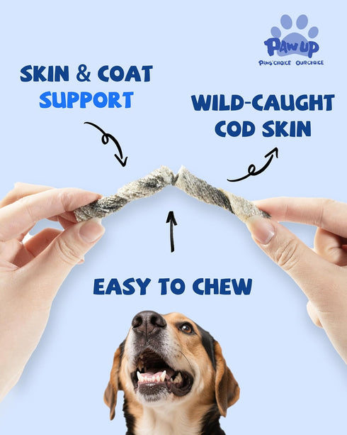 3 16 oz PAWUP Cod Skin Rolls Dog Treats Natural High Omega Dog Snacks, Single Ingredient Cod Skin Chews for Small Dogs