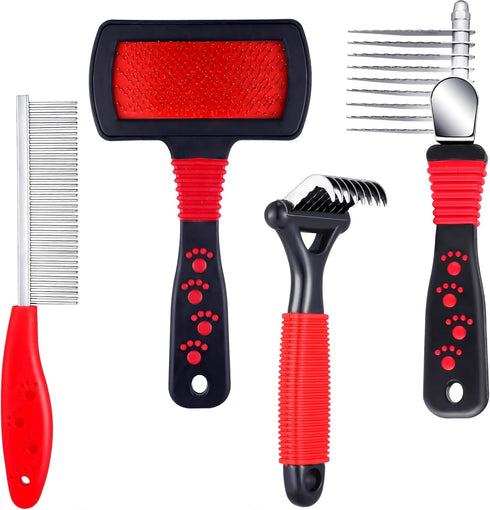 4 Pieces Pet Grooming Kit - Dematting Combs, Slicker Brush, Steel Comb for Dogs, Cats, and Poodles Hair Removal