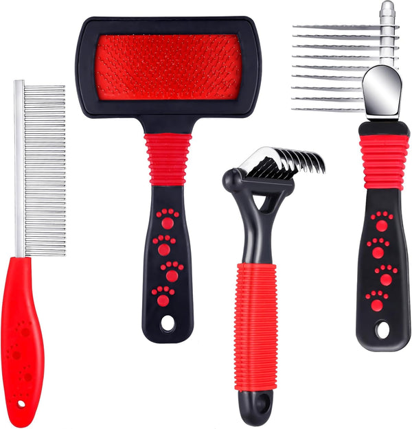 4 Pieces Pet Grooming Kit - Dematting Combs, Slicker Brush, Steel Comb for Dogs, Cats, and Poodles Hair Removal