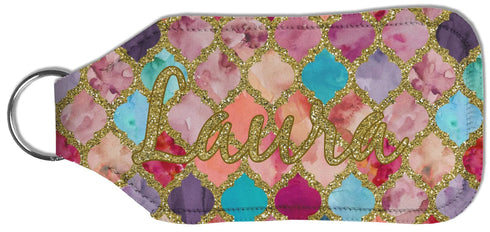 Personalized Glitter Moroccan Watercolor Hand Sanitizer & Keychain Holder - Large