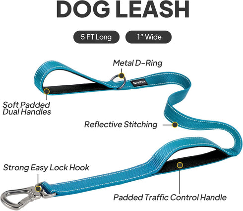 PetiFine 5FT Heavy Duty Dog Leash - Soft Padded Double Handle, Reflective Nylon Walking Lead for Dogs, Blue
