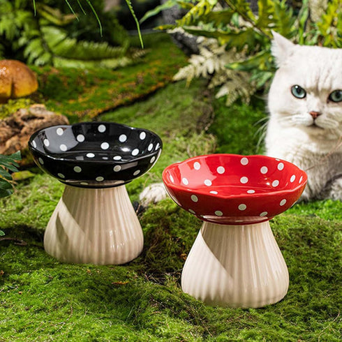Cute Mushroom Elevated Cat Bowl, Ceramic Cat Food and Water Bowls, Wide Shallow Dish, Whisker Fatigue (Yellow)