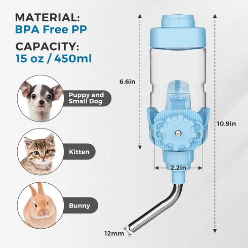 Vannon Dog Water Dispenser for Cage, 15oz Auto Feeding Bottle for Dogs, Cats & Rabbits, BPA Free, Blue