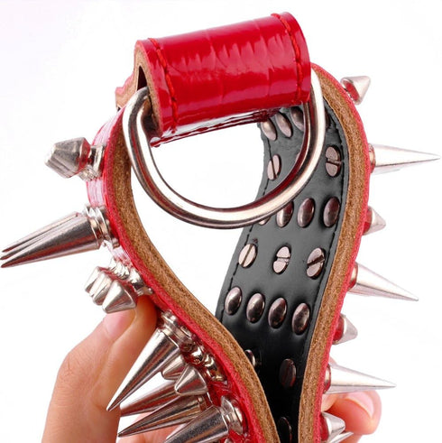 Pet Artist 2" Wide Luxury Genuine Leather Spiked Studded Dog Collars for Medium & Large Dogs, Red, XL, Neck 21-24"