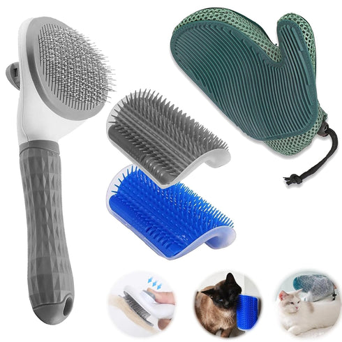 4 Pcs Cat Grooming Kit: Self-Cleaning Slicker Brush, Deshedding Glove & Corner Massagers for Shedding