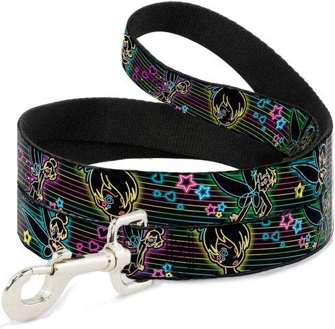 Buckle-Down 4 Feet Pet Leash - Electric Tinkerbell Poses/Stripes Black/Multi Neon - 1/2" Wide