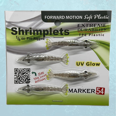 1/8 oz, 2.5" 4 Count Shrimplets | TPE Pre-Rigged with UV Glow | Small Shrimp for Under a Popping Cork | Redfish, Snook
