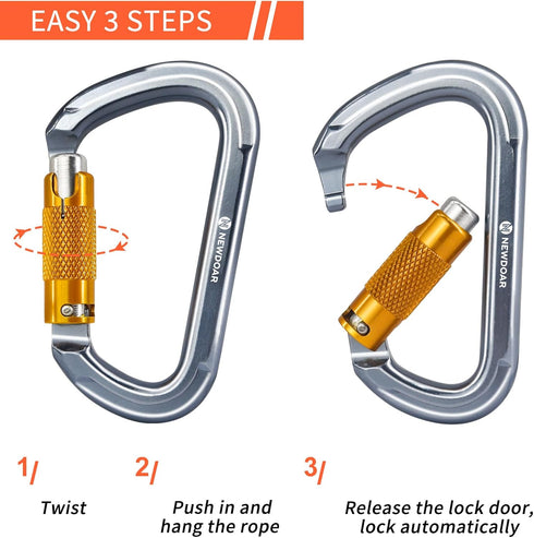 NewDoar 28KN UIAA & CE Certified Auto Climbing Carabiner - Professional Heavy Duty Caribeaner for Rappelling D-Shaped
