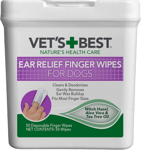 Vet's Best Ear Relief Finger Wipes - 50 Disposable Cleansing Wipes for Dogs, Soothes & Deodorizes