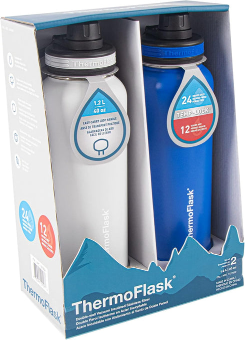 ThermoFlask 40 oz Double Wall Vacuum Insulated Stainless Steel Water Bottles, 2-Pack, Ice Grey/Azure