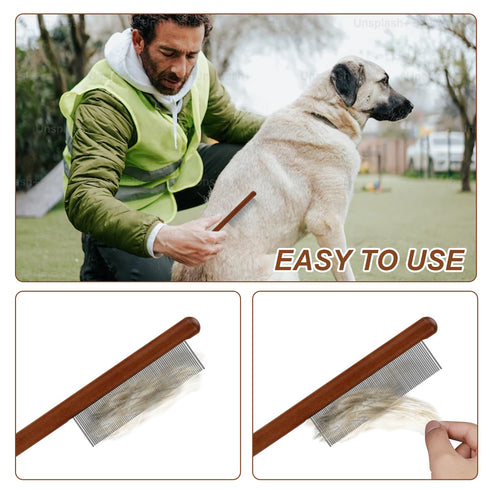 2pcs Solid Wood Grooming Combs for Pets, Narrow Rounded-Tip Steel Teeth for Cats and Dogs