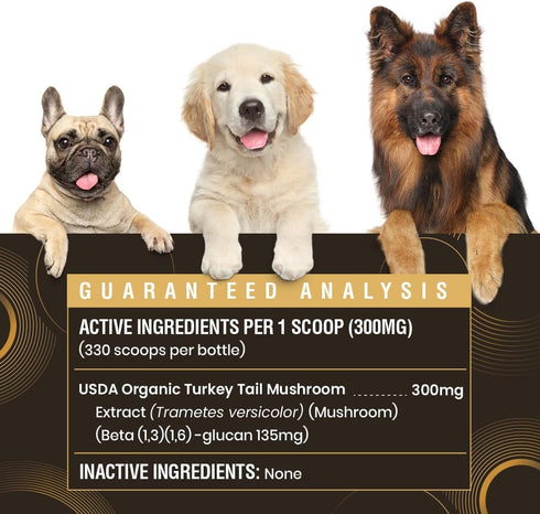 45% Immune 330 Organic Turkey Tail Mushroom for Dogs and Cats, Beta Glucan Standardized, Hot Water Extracted Whole