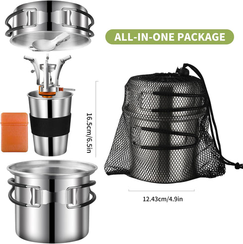 Stainless Steel Camping Cookware Mess Kit, Backpacking Cooking Set with Mini Stove for Outdoor Use