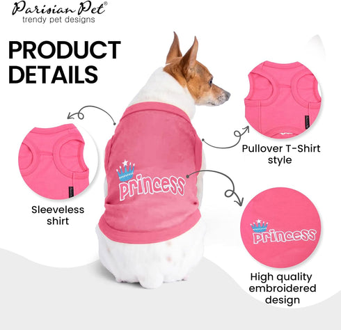 Parisian Pet Dog T-Shirt - Pink Sleeveless Vest with 'Princess' Embroidery - Machine Washable for Small Dogs - S