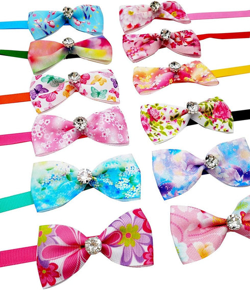12pcs Pet Bowties Dog Bow Ties with Adjustable Neckties, Glittery Rhinestone Collar for Small Medium Pets