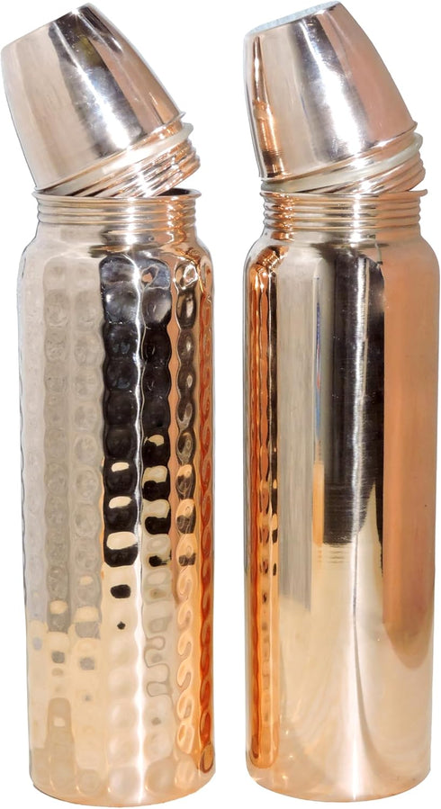 Set of Plain and Hammered Copper Water Bottles, 850 Ml (28.75 Fl Oz), Unlined, Uncoated, Lacquered-Free for Ayurveda