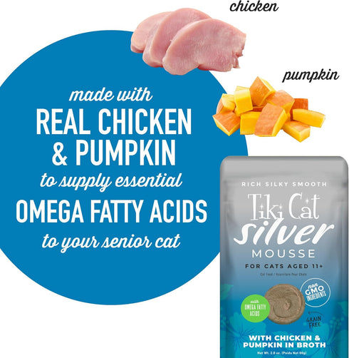 Tiki Cat Silver Mousse, Chicken & Pumpkin in Broth, Nutrient Rich for Older Cats Aged 11+, 2.9 oz. Pouch (Pack of 12)