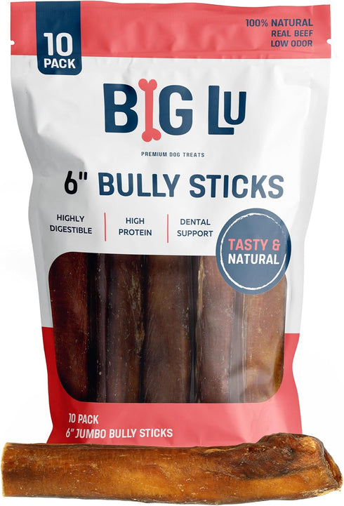Big Lu - 6 Jumbo Bully Sticks, 10 Count- Thick, Long-Lasting, Grass-Fed