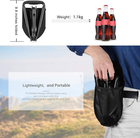 Heavy Duty 24.5" Collapsible Shovel - Foldable Camping Shovel and Pickax, Military Entrenching Tool for Outdoor Use