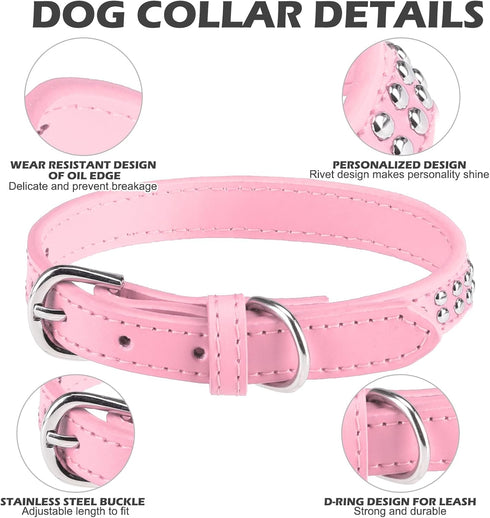 BINGPET Dog Leather Collar, Adjustable Real Split Leather Studded Pet Collar, Durable for Small Medium Large Dogs, Pink