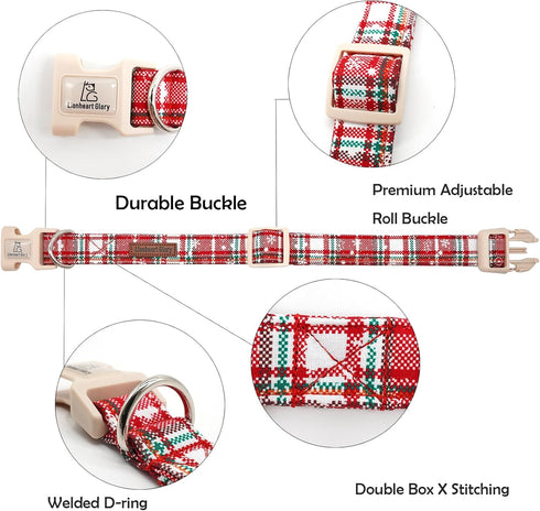 Lionheart Glory Christmas Plaid Dog Collar, Adjustable Soft Pet Gift, Red for Small Medium Large Dogs