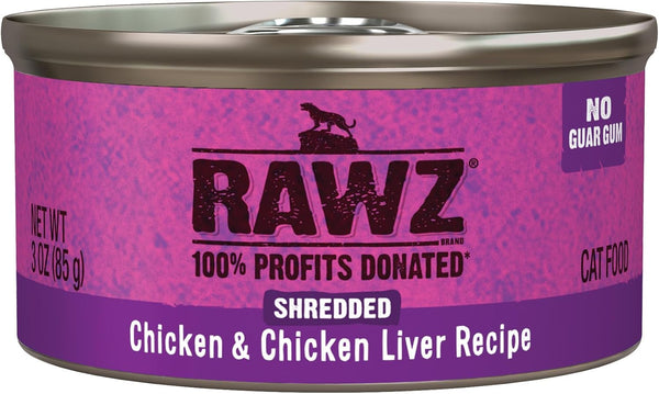 Rawz Natural Premium Shredded Canned Cat Wet Food - Grain Free with Real Meat, 3oz Cans - 18 Count (Chicken & Chicken
