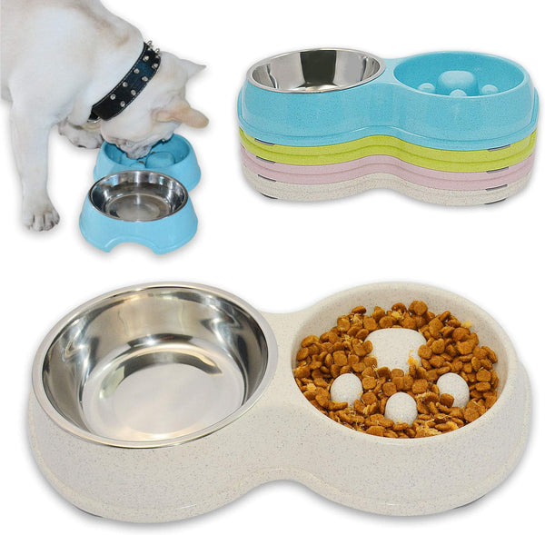 Dog Slow Eating & Drinking Bowl, Stainless Steel Interactive Slow Feed Bowl for French Bulldog, White.