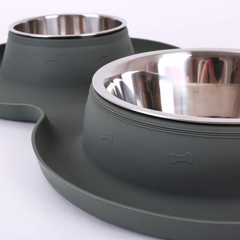 100% Waterproof BPA Free Pet Dog Bowls - 2 Stainless Steel (53oz+27oz) with Silicone Mat + Slow Feed Bowls for Dogs