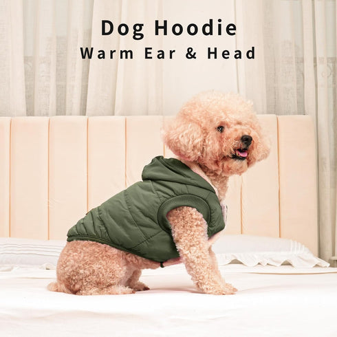 Fleece Lining Extra Warm Dog Hoodie, Green Jacket for Small Dogs with Hooded Design