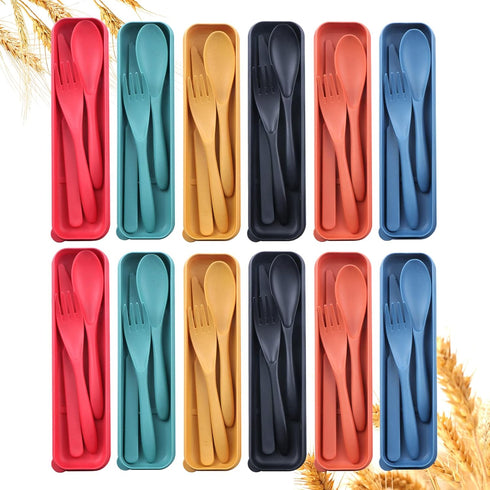 Reusable Travel Utensils Set with Case, 12 Sets Wheat Straw Portable Cutlery for Kids, Adults, Eco-Friendly