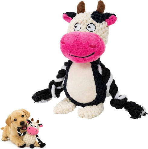 Dog Toy with Rope Arms Dairy Cow, Squeaky Interactive Pet Toy, Purple,