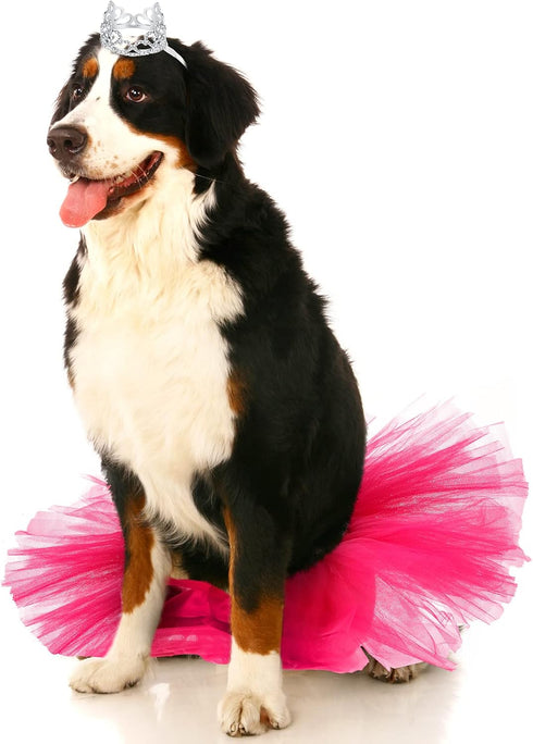 2 Pcs Dog Crown Headband Dog Tutu Dress Set Crystal Rhinestone Dog Tiara Crown Tutu Skirt Dog Dress Cute Pet Costume for Puppy Dog Birthday Party Wedding Photo Prop Costume (Rose Red,X-Large)